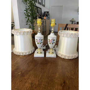 2 Vtg Boudoir Bedside Lamps Porcelain With Floral Design, Gold Trim, Marble Base
